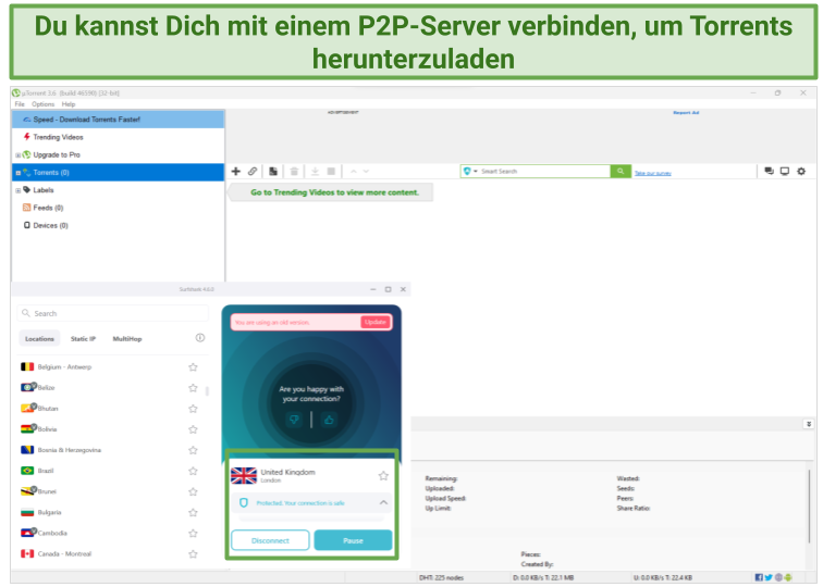 Screenshot of Surfshark working with uTorrent