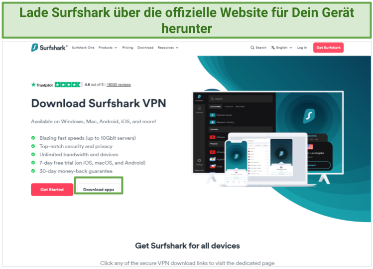 Screenshot of Surfshark's download page