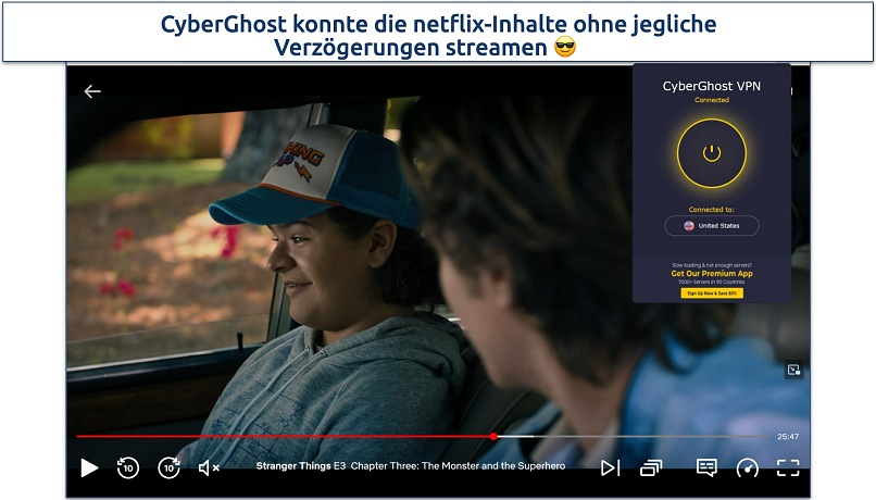 Screenshot des Netflix-Players, der Stranger Things zeigt, während eine Verbindung zum US-Server der CyberGhost Firefox-Erweiterung besteht